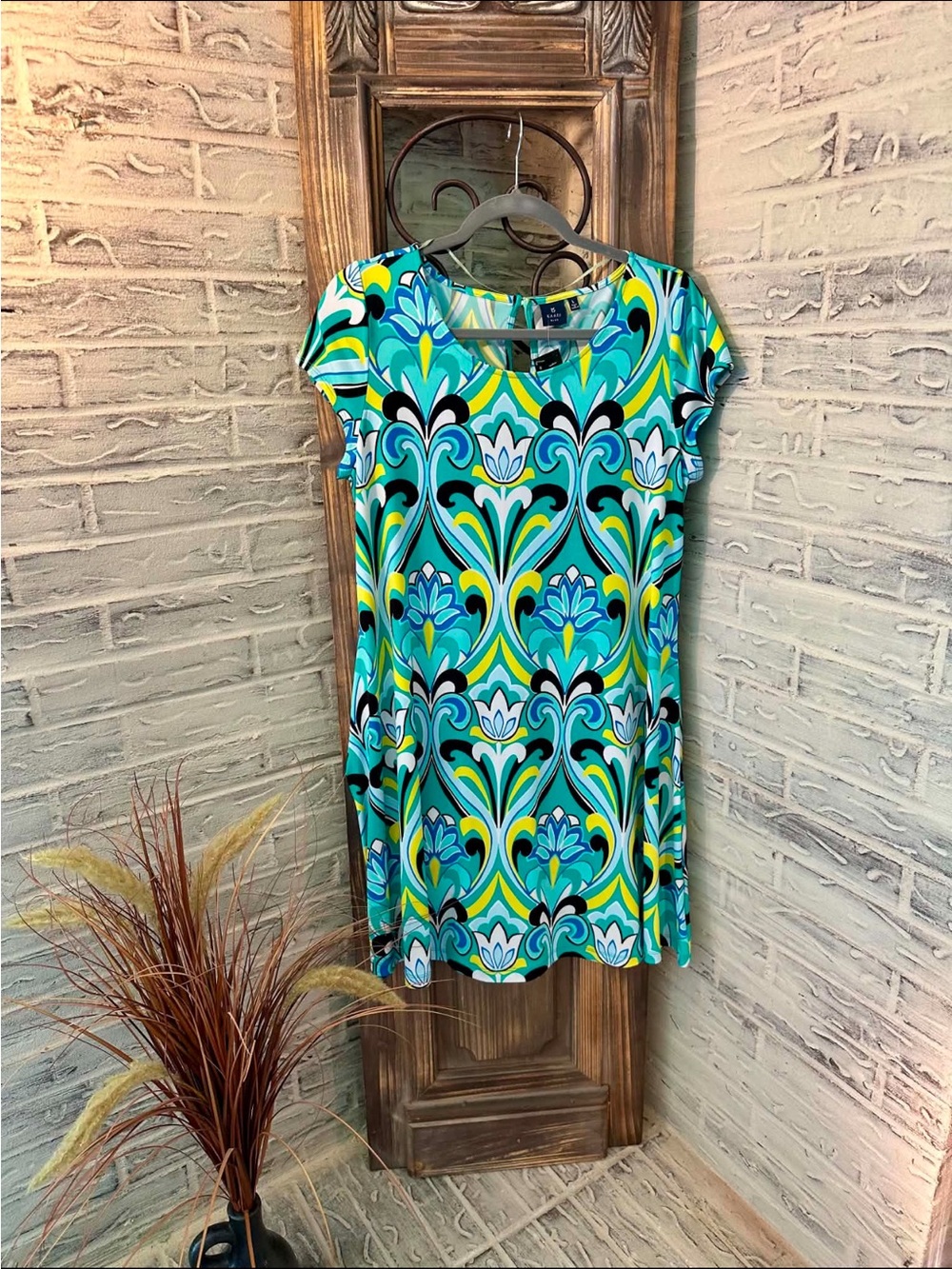 Women's Turquoise & Blue Patterned Short Sleeve Dress